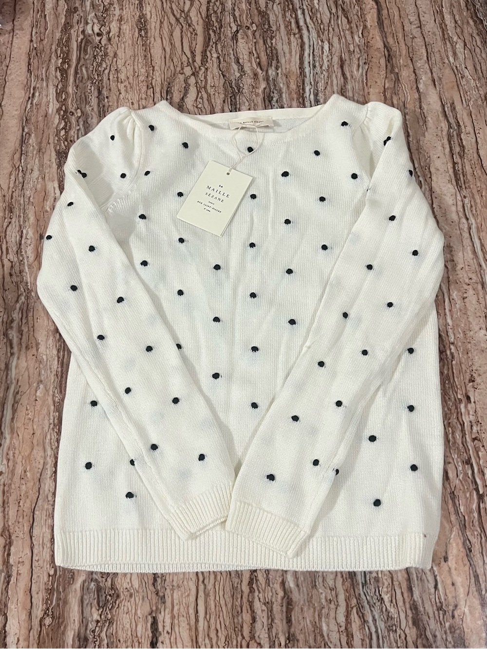Sézane Ivory Crewneck Sweater with Navy Dot Texture